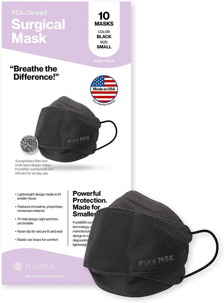 PURE-MSK Trifold Disposable Mask - Made in the USA - Light Weight Easy Breathing Material - Adult Size - 10 Pack - Black 8